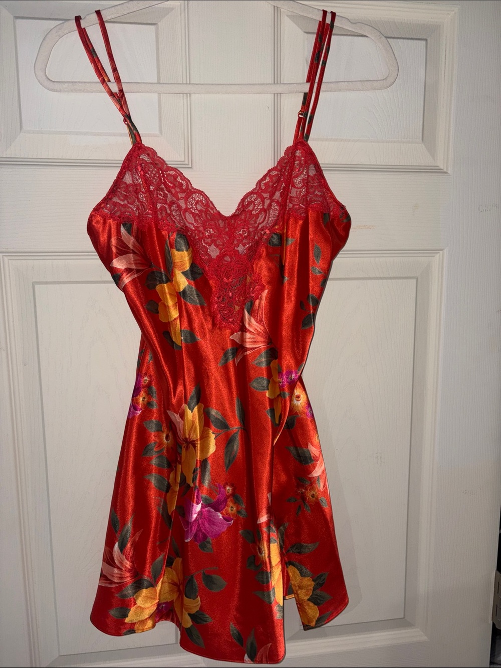 Victoria's Secret Red Floral Satin Lace Chemise